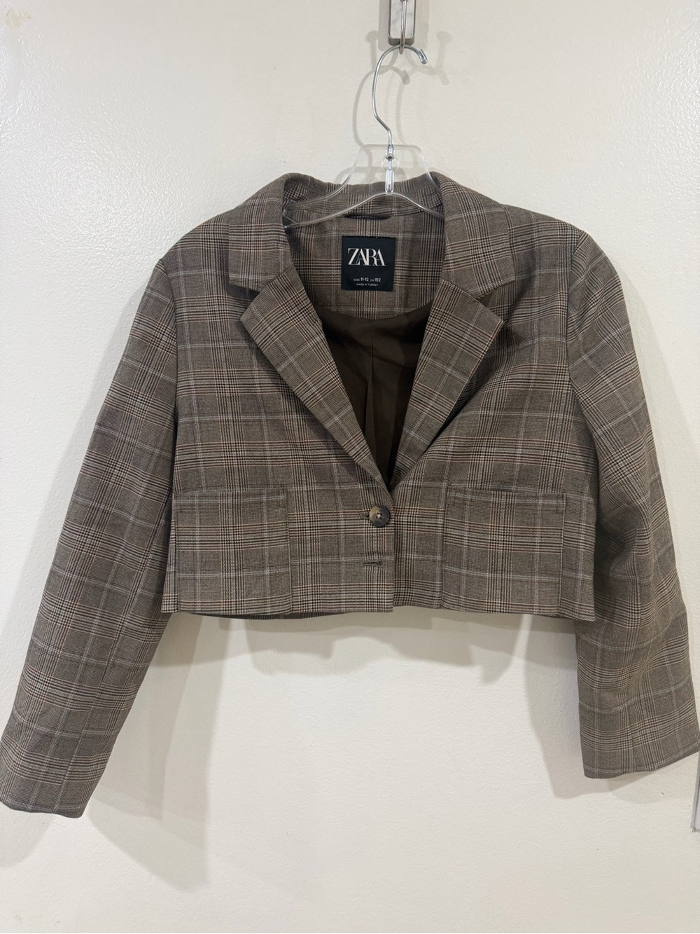 ZARA Cropped Plaid Blazer in Brown